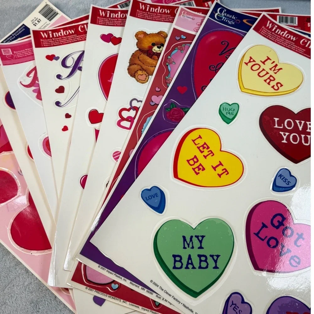 Vintage Valentines Day Window Clings Lot Precious Moments Hearts 9 Sheets